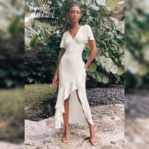 Lulus Eternal Bond White Satin Ruffled Flutter Sleeve Maxi Dress medium